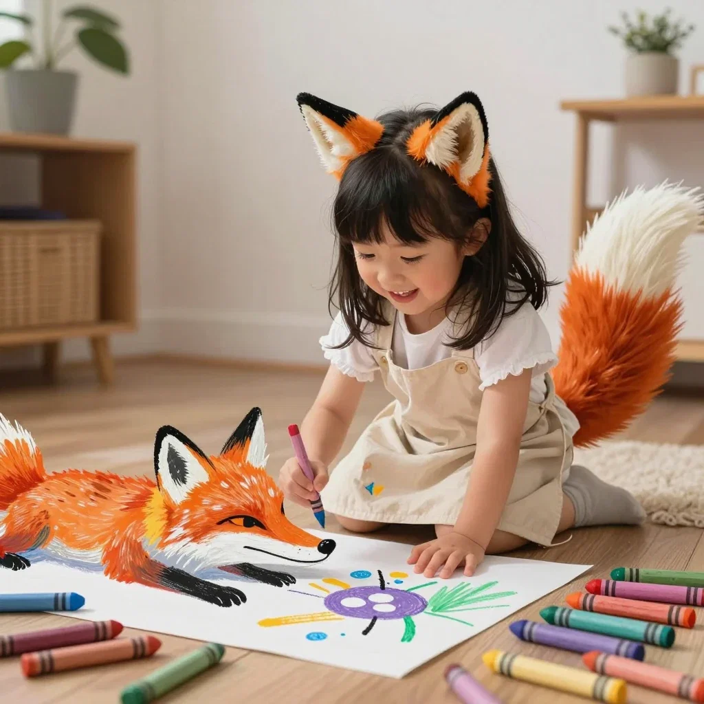 energetic child fox ears tail drawing