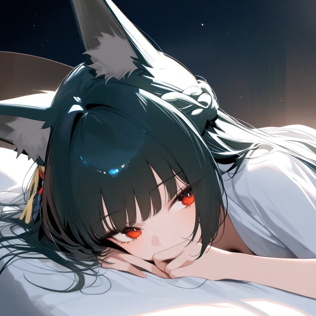 fox eared girl lying on bed