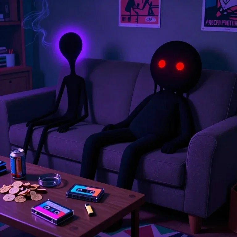 pulp vex sitting on sofa 1980s bedroom