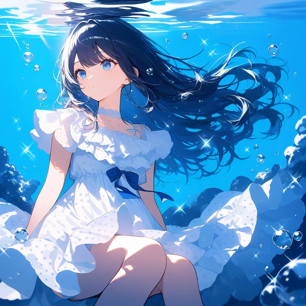 girl underwater in dress with polka dots