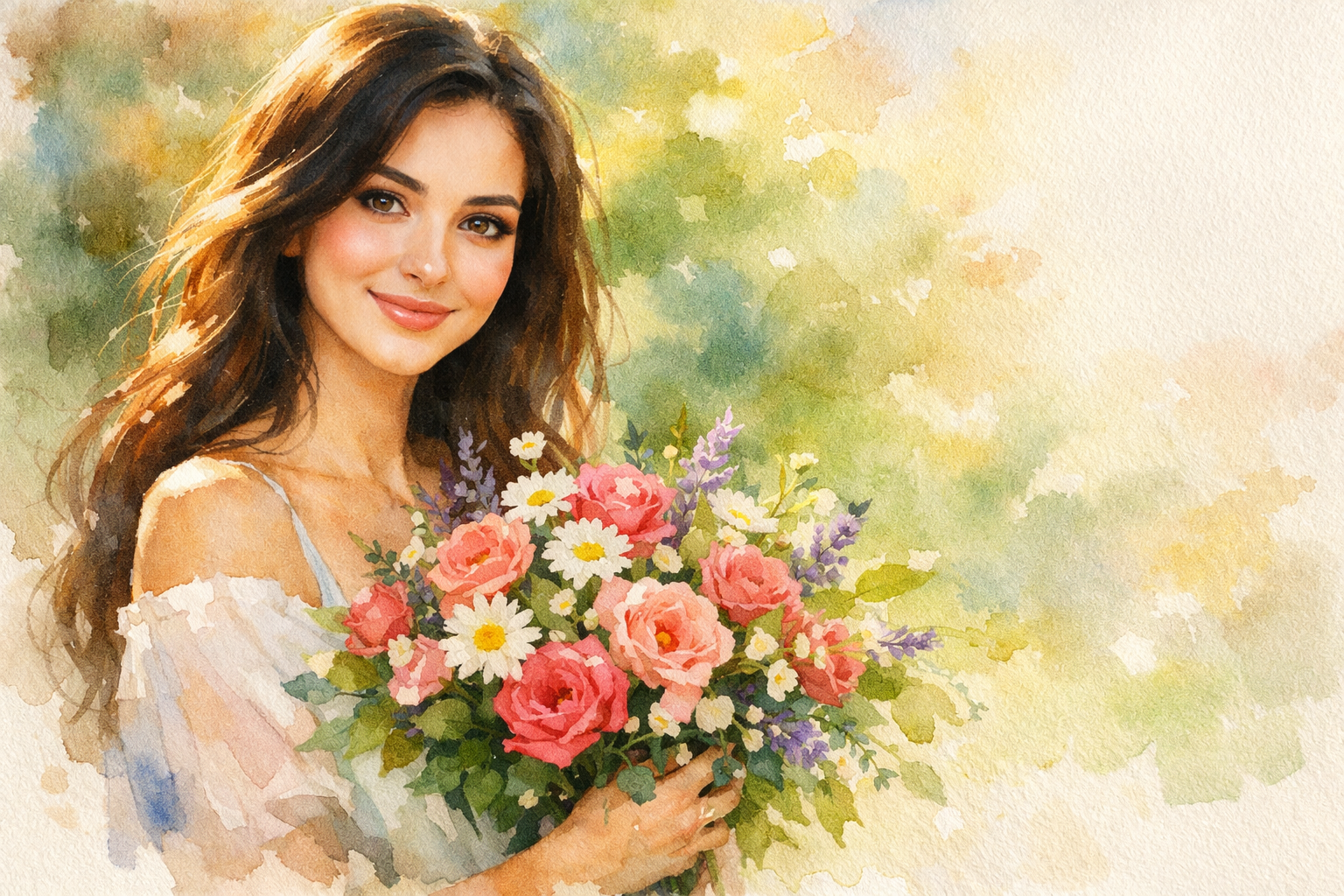 portrait of a beautiful brunette girl with flowers