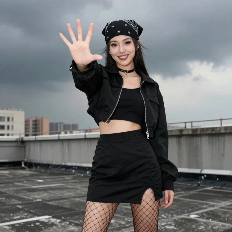 girl on rooftop in black stormy weather