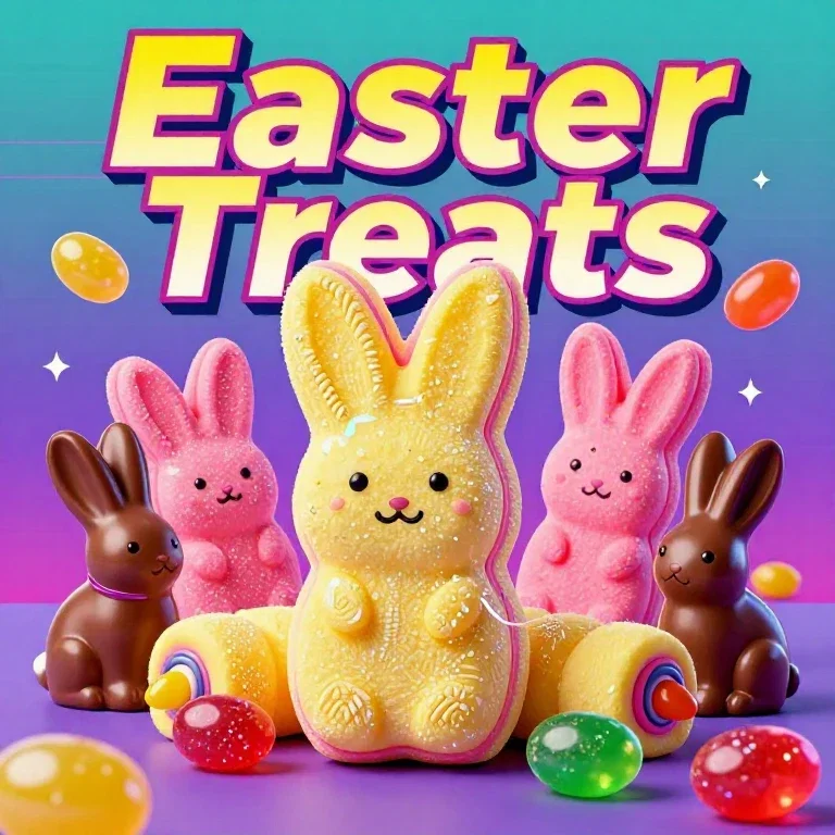 retro futuristic easter candy poster peeps chocolate bunnies