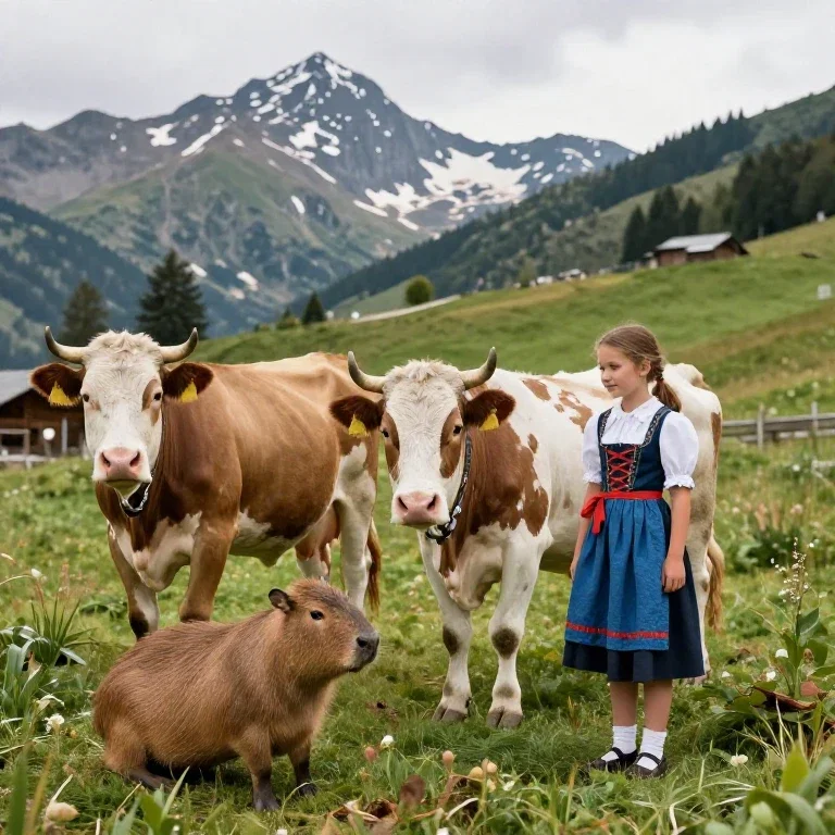 alpine pasture two cows girl tyrolean attire capybaras