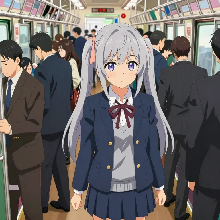 cute high school girl silver hair crowded train