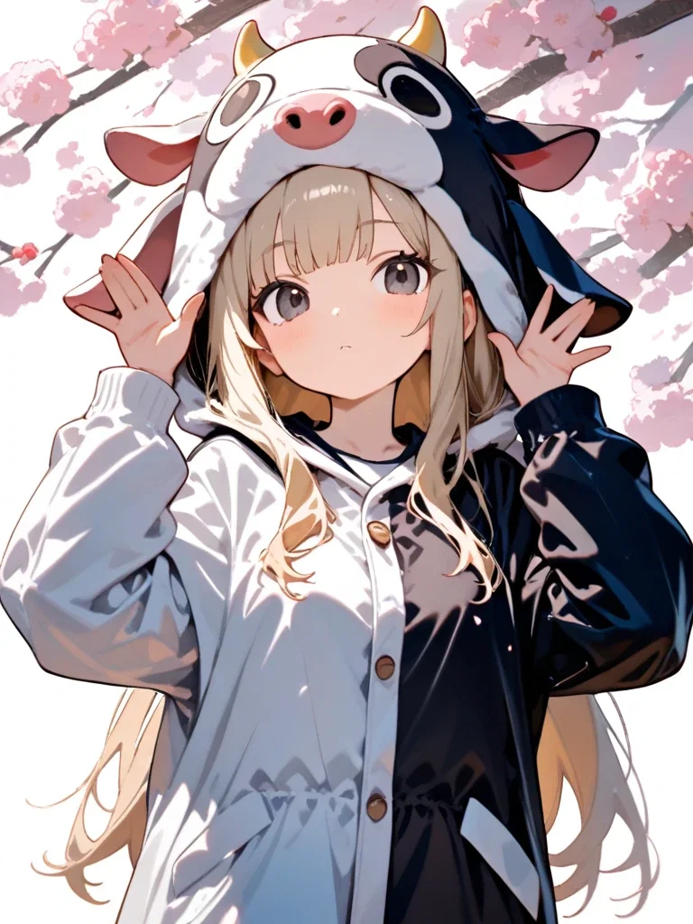 petite blonde girl cow parka cherry blossom