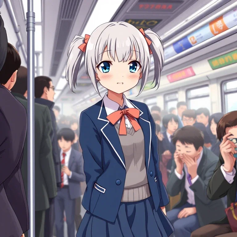 cute high school girl silver hair crowded train