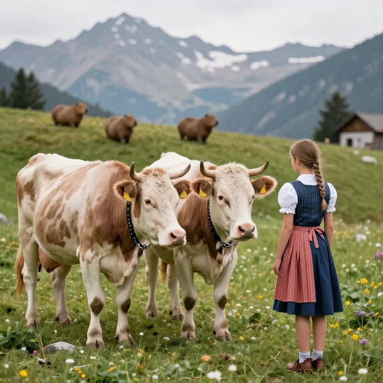 alpine pasture cows girl tyrolean attire capybaras