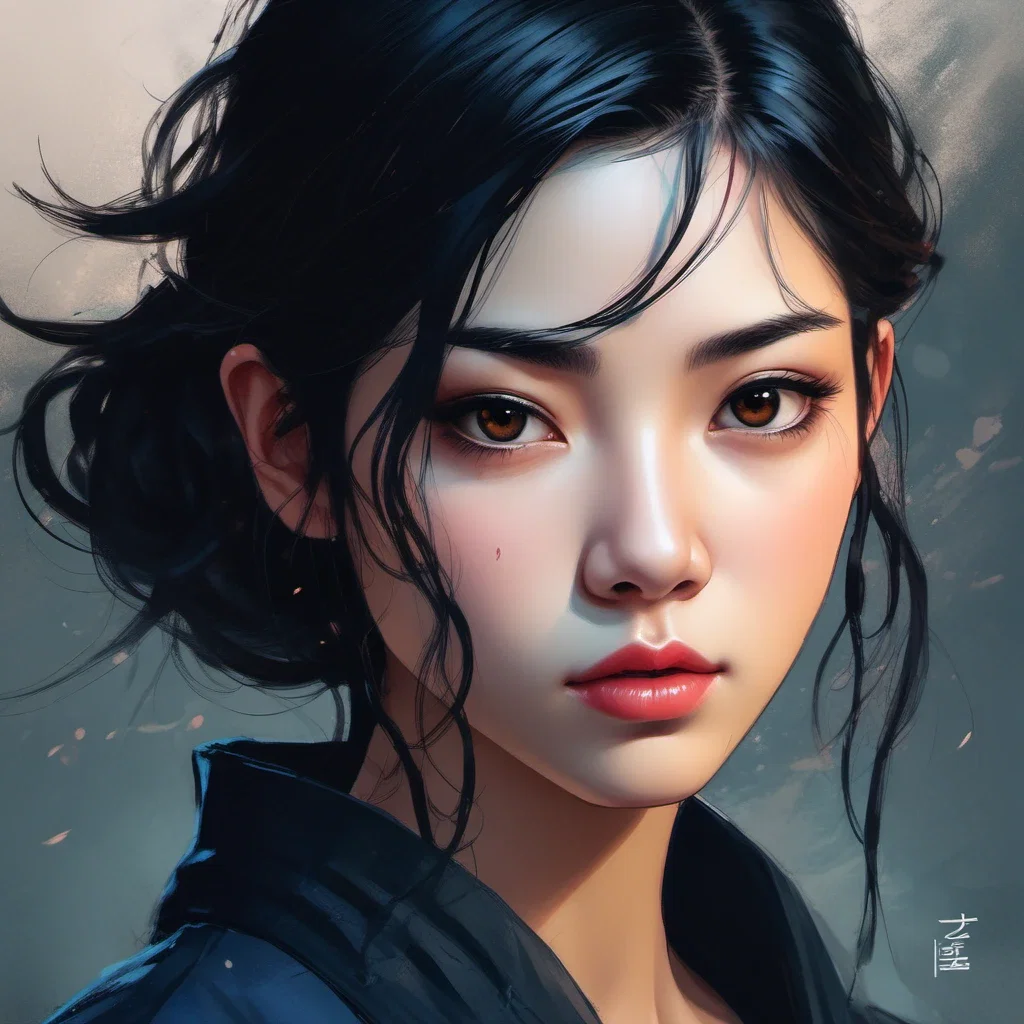 fantasy art young japanese woman braided hair intense eyes
