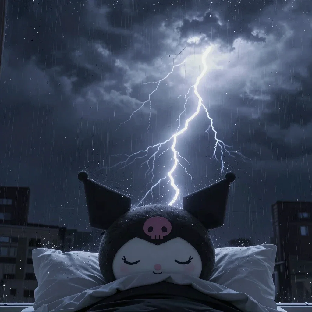 kuromi sleeping peacefully under duvet stormy night