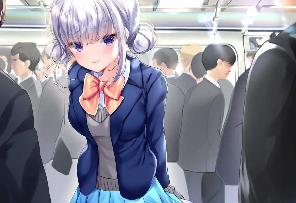 cute beautiful girl silver hair train crowd