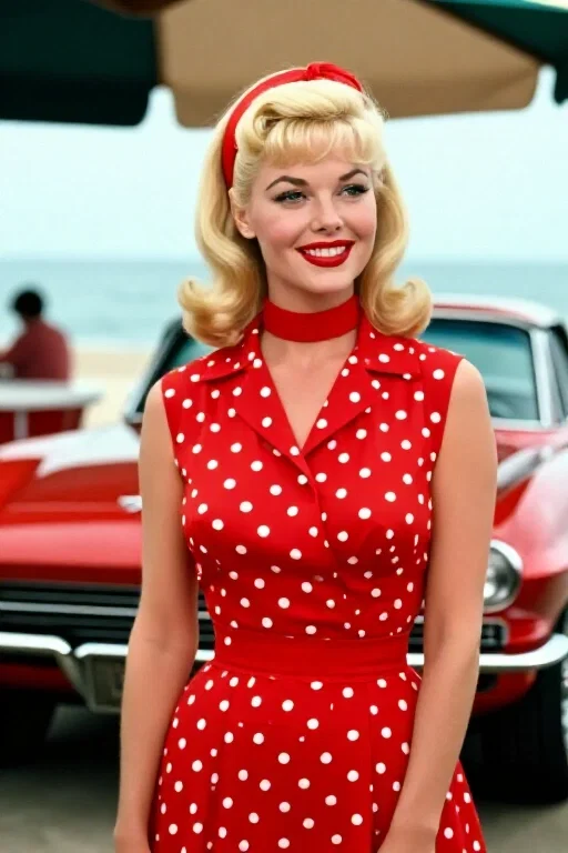 1970s pin up girl blonde hairband red polka dot dress