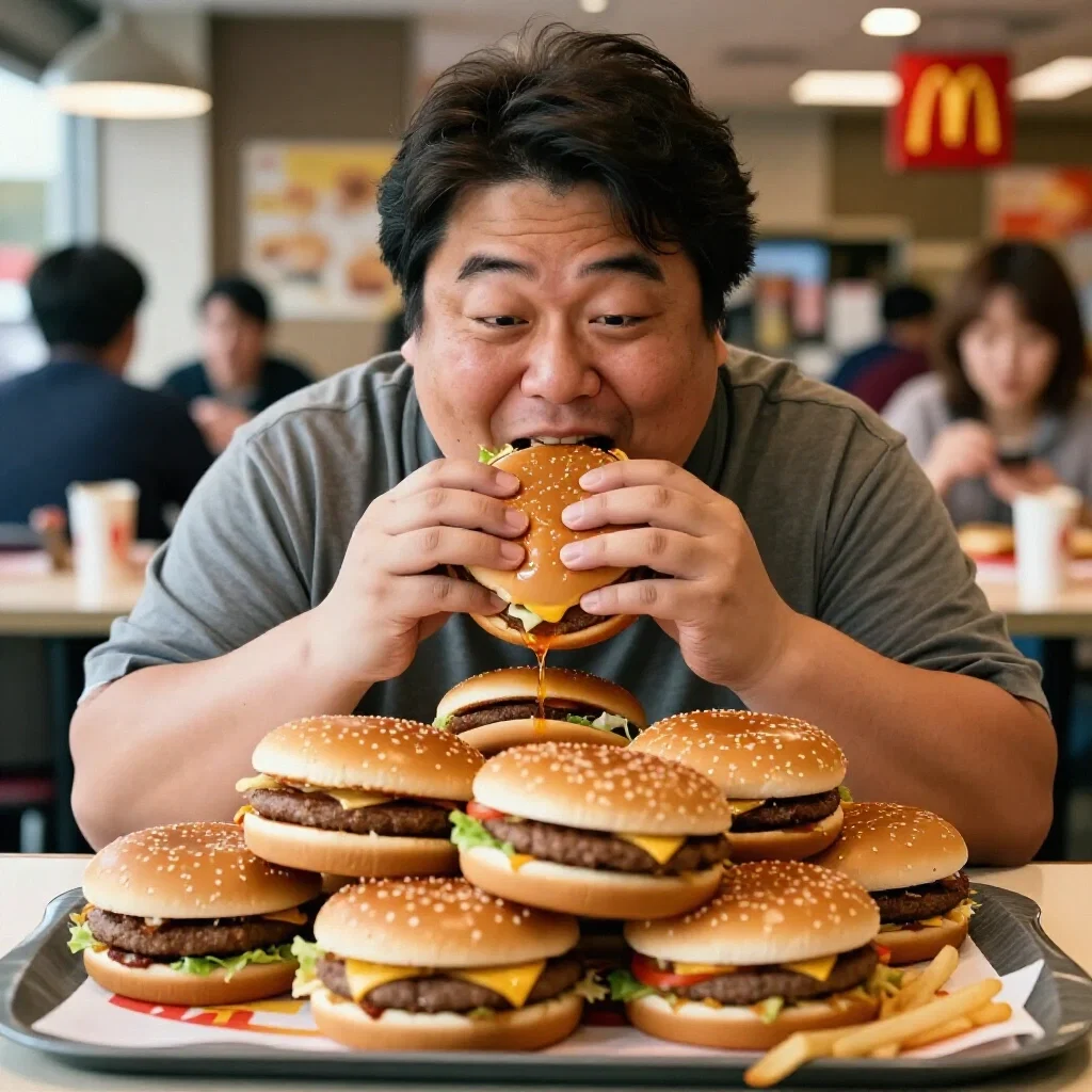 japanese man eating hamburger at mcdonalds