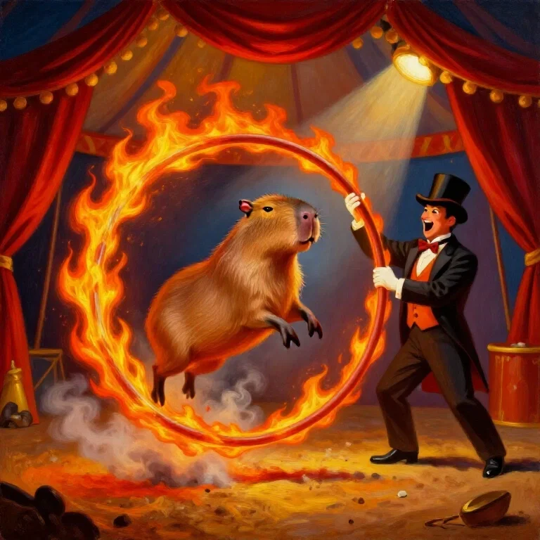 capybaras leap through flaming hoop in circus
