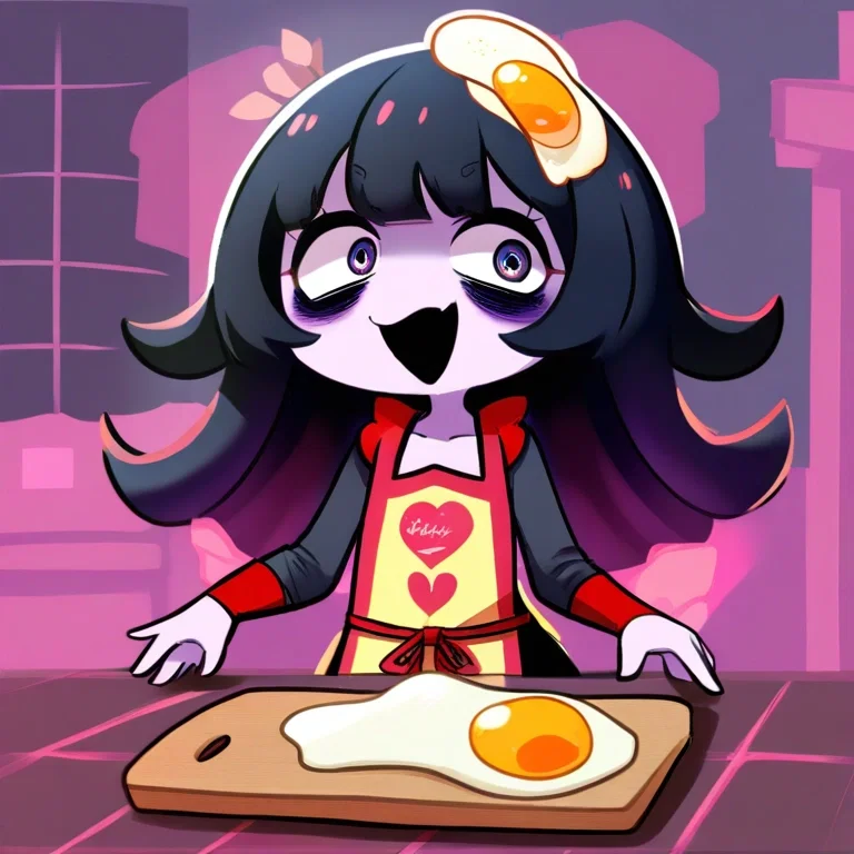 evil cute monster girl with fried egg