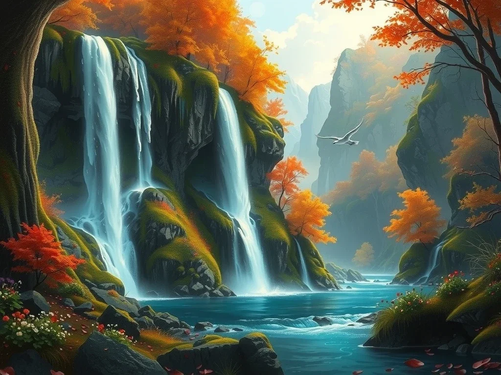 fantasy waterfall autumn landscape clear sky