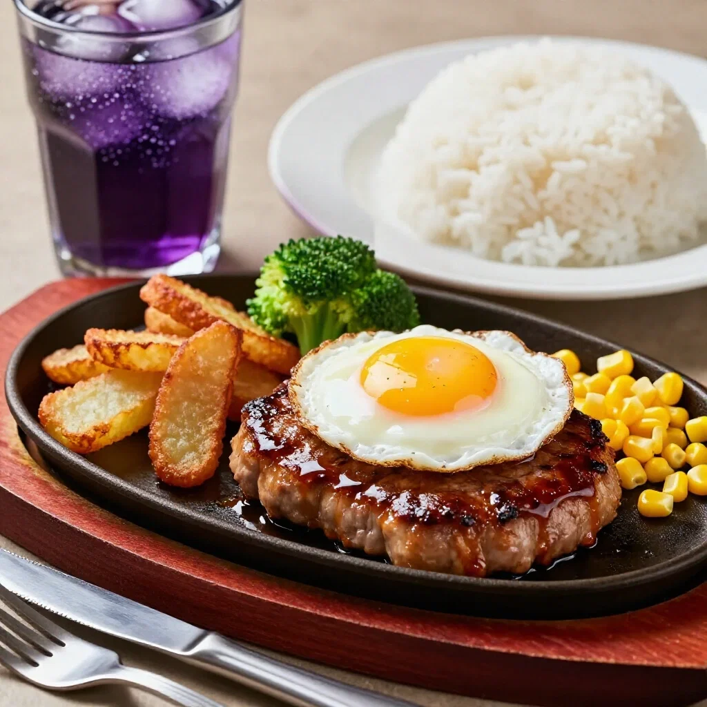 teriyaki hamburger steak with egg and sides