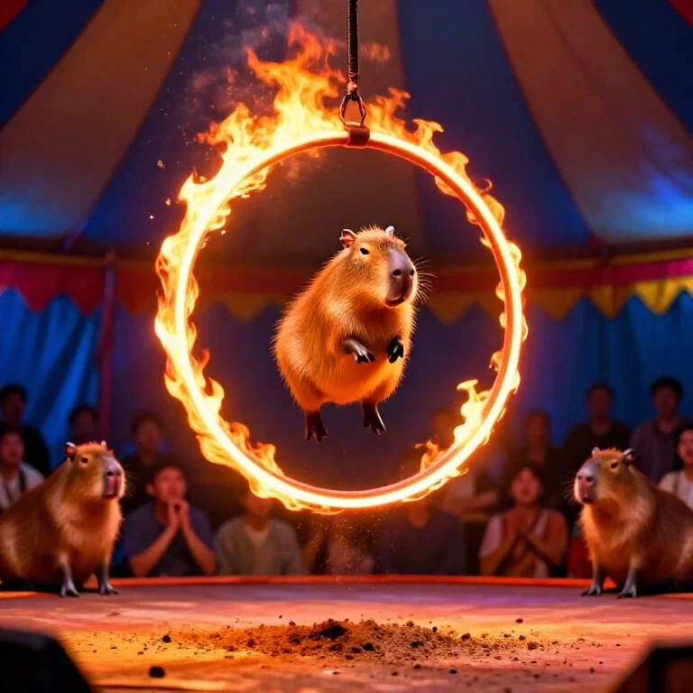 acrobatic capybaras jump through fiery hoop