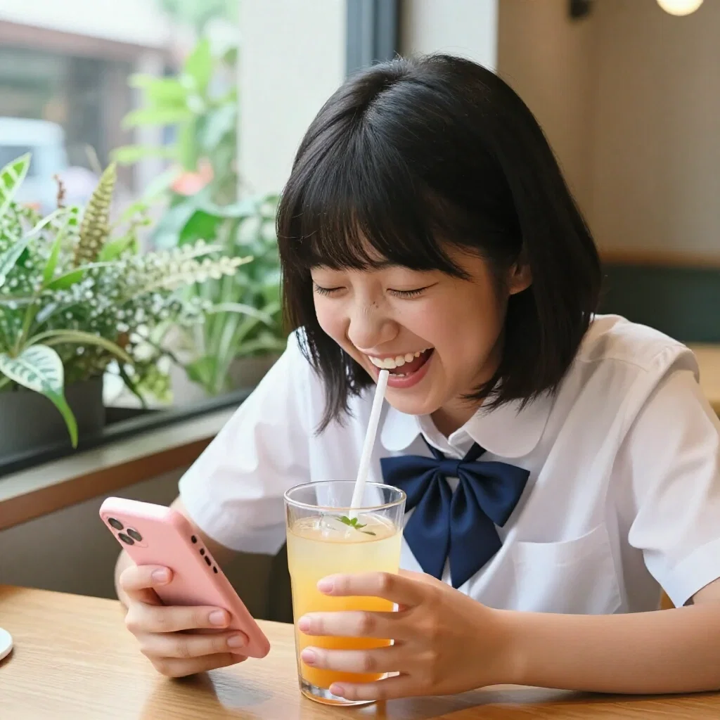 japanese girl laughing in cafe