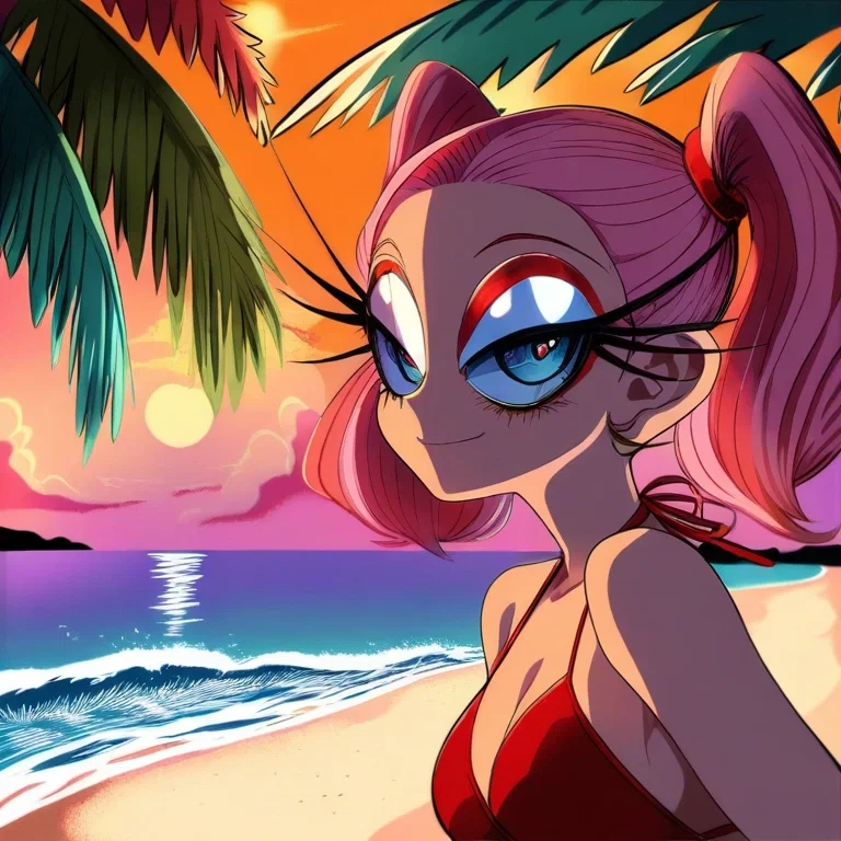 woman pink twin tails red bikini beach sunset