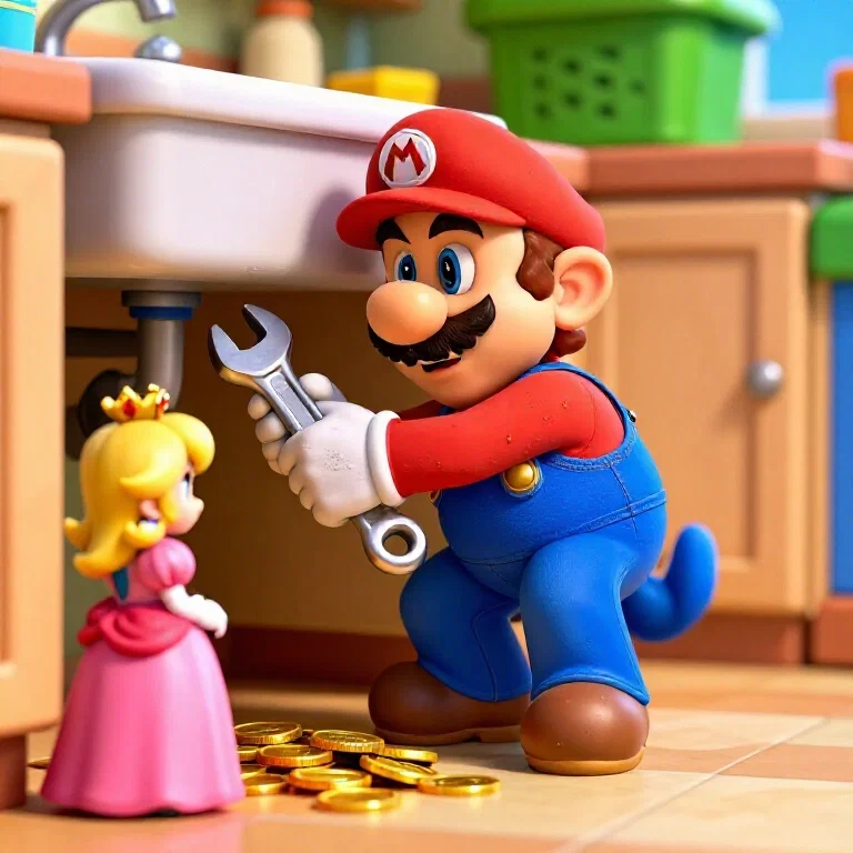mario fixes leaky sink luigi helps peach pays