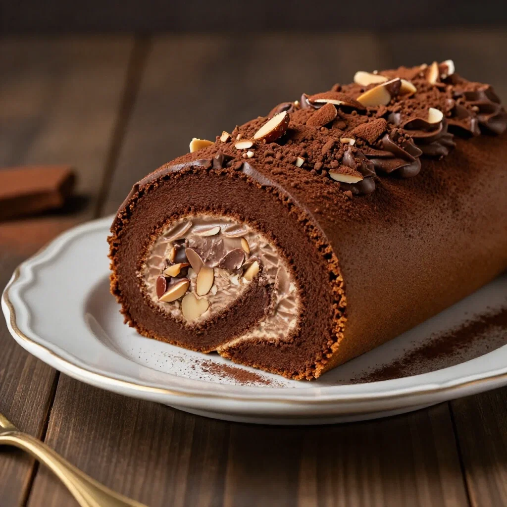 almond chocolate roll cake with crushed almonds