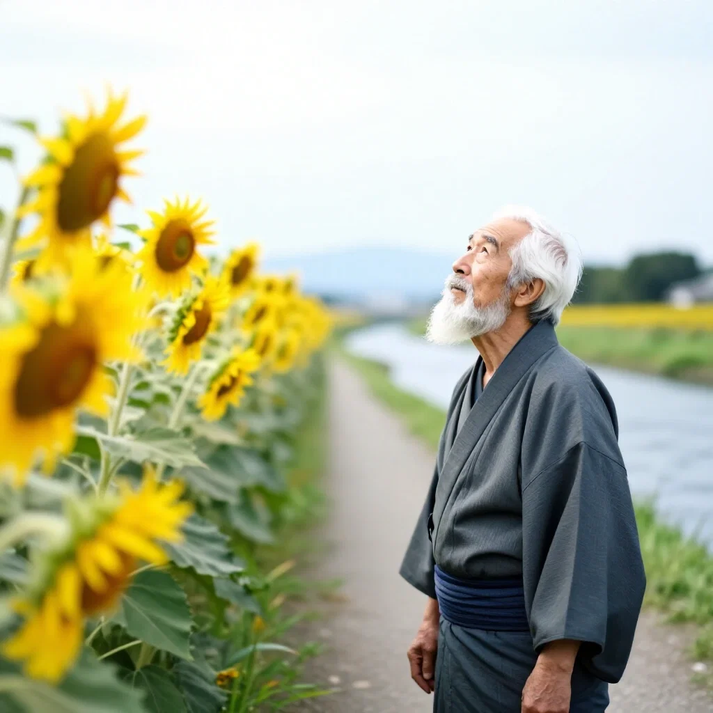 old man by river in kimono