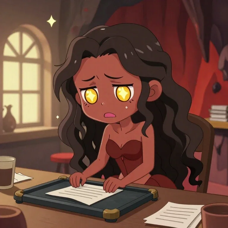 chibi demon doing taxes in cafe