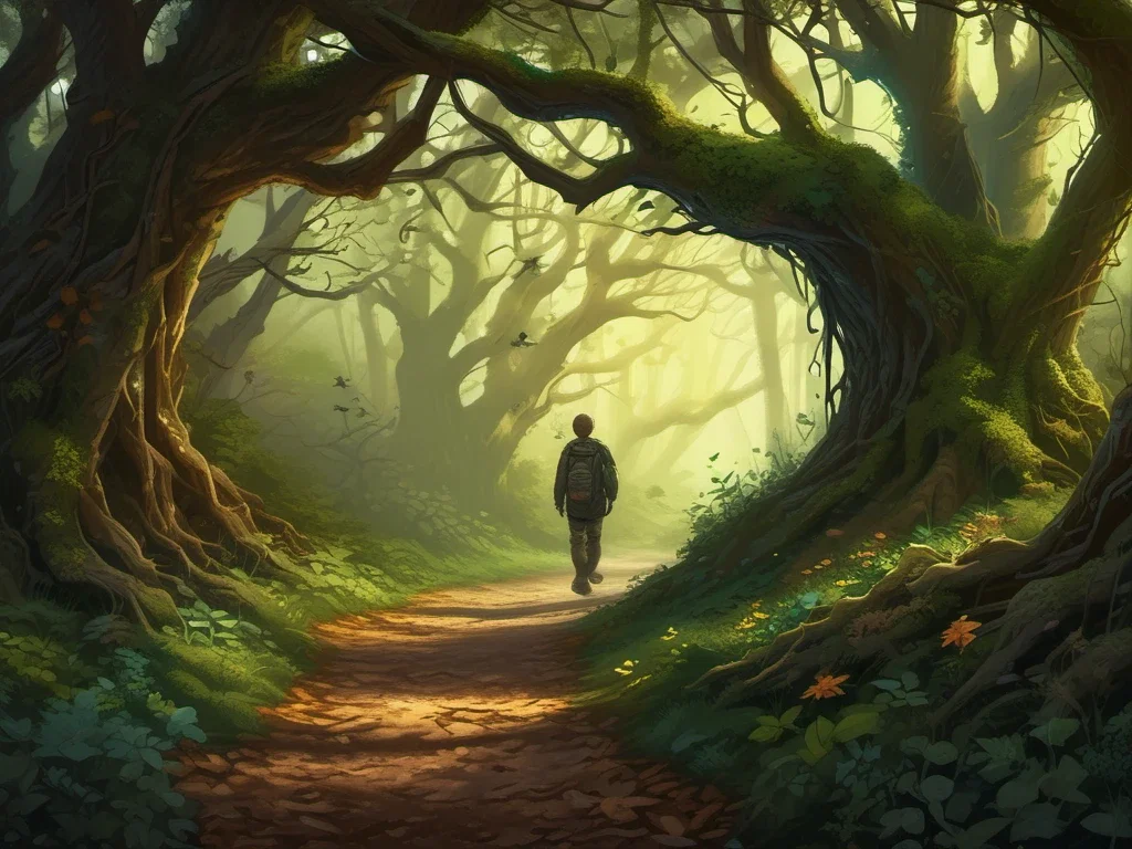 fantasy forest path with gnarled trees