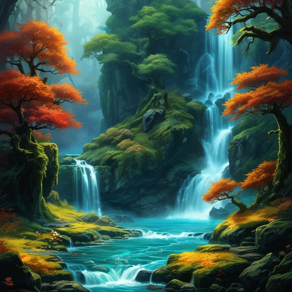 fantasy art majestic dual waterfalls
