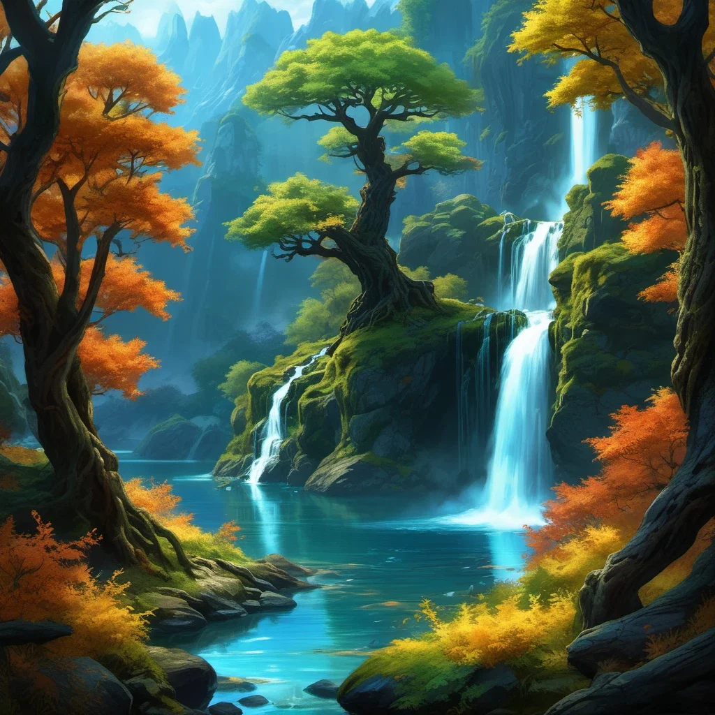fantasy art cinematic waterfalls mossy rocks oak tree