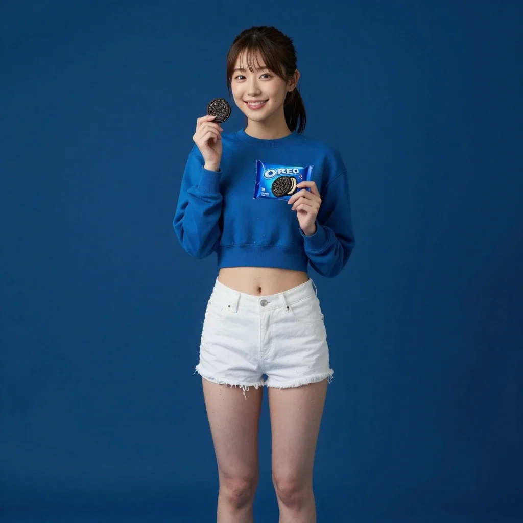 smiling japanese girl holding oreo cookie