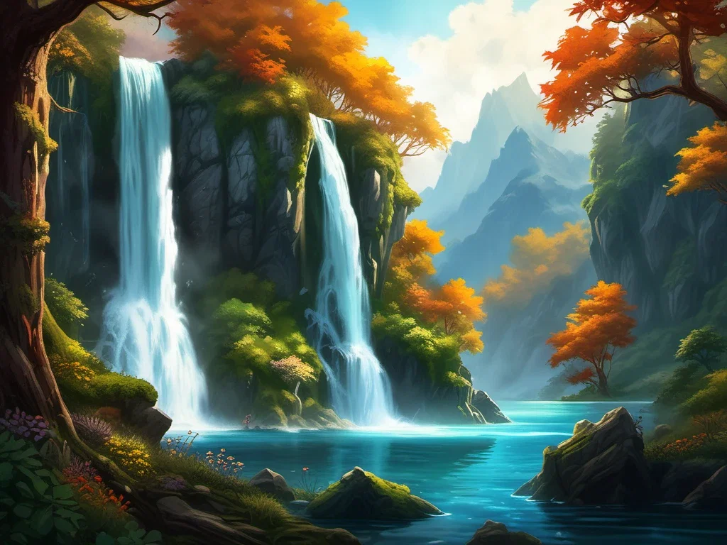 epic fantasy waterfall lake vivid colors dramatic lighting