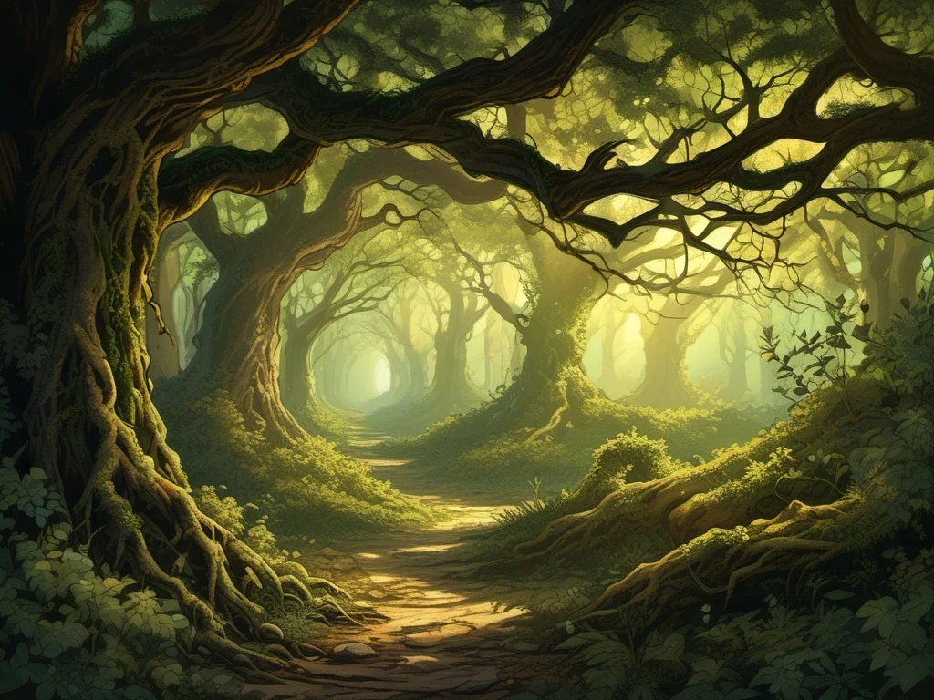 ancient overgrown forest path illustration