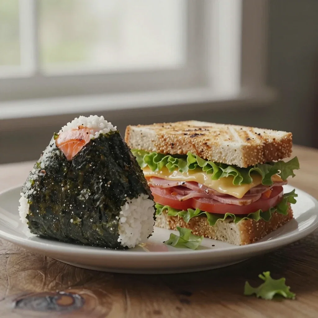 grilled salmon onigiri sandwich golden light