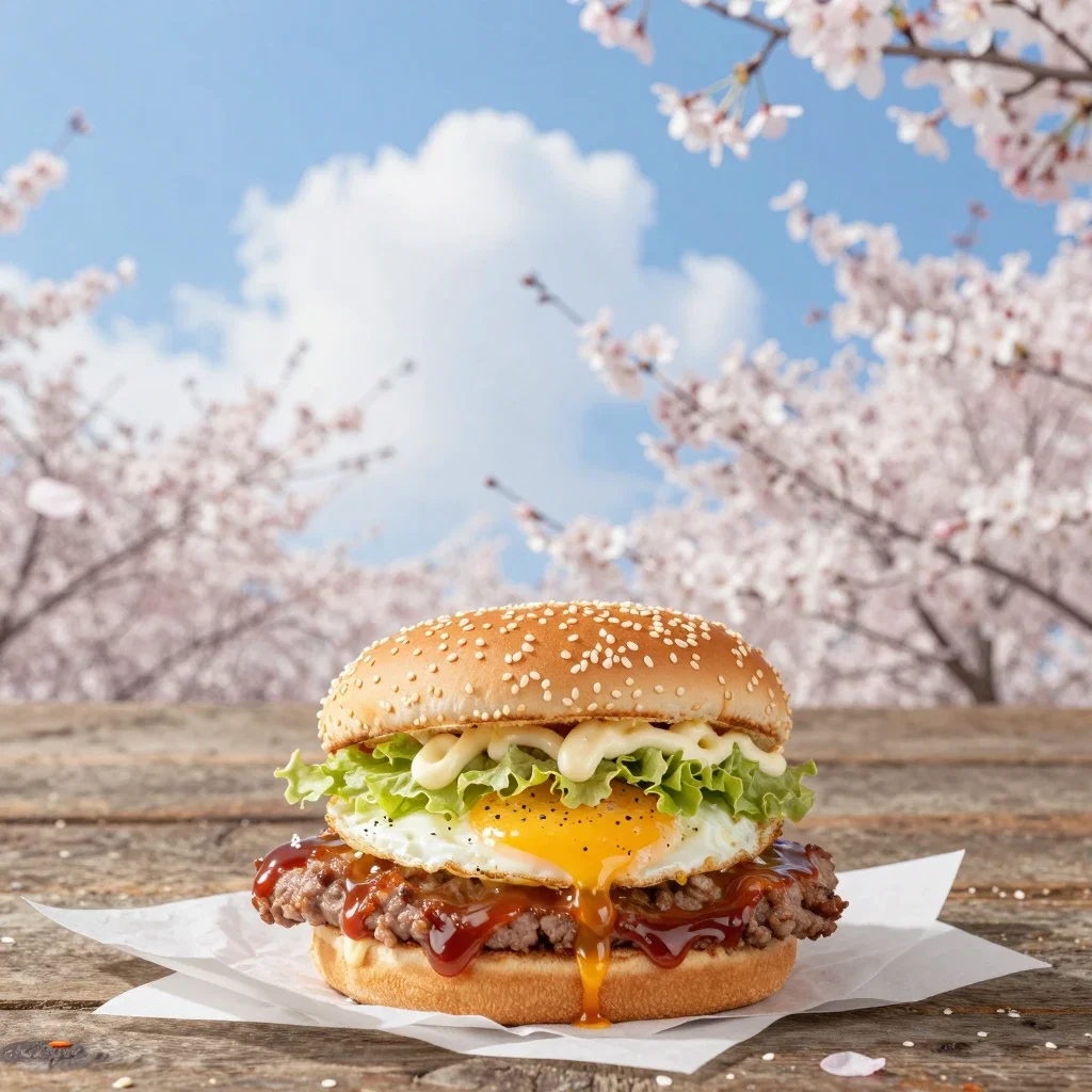 teriyaki egg burger cherry blossoms close up