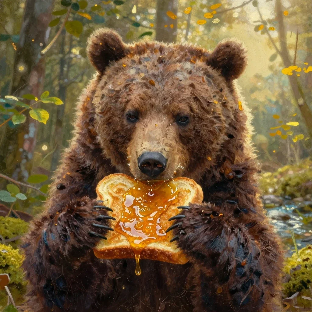 bear eating honey toast in forest