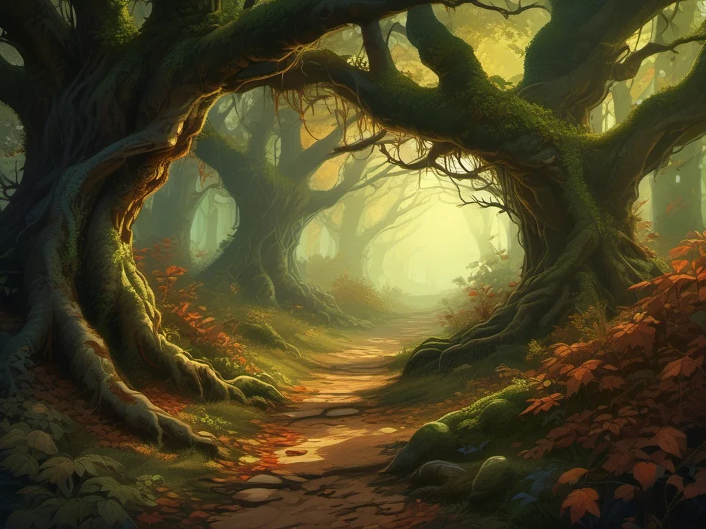 fantasy forest path with gnarled trees