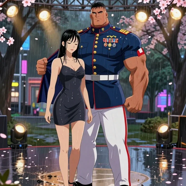 anime marine strongman on stage and woman in rain
