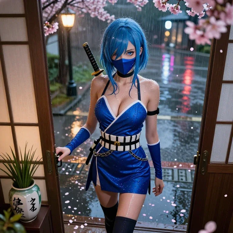 anime kunoichi opens door urban rain scene