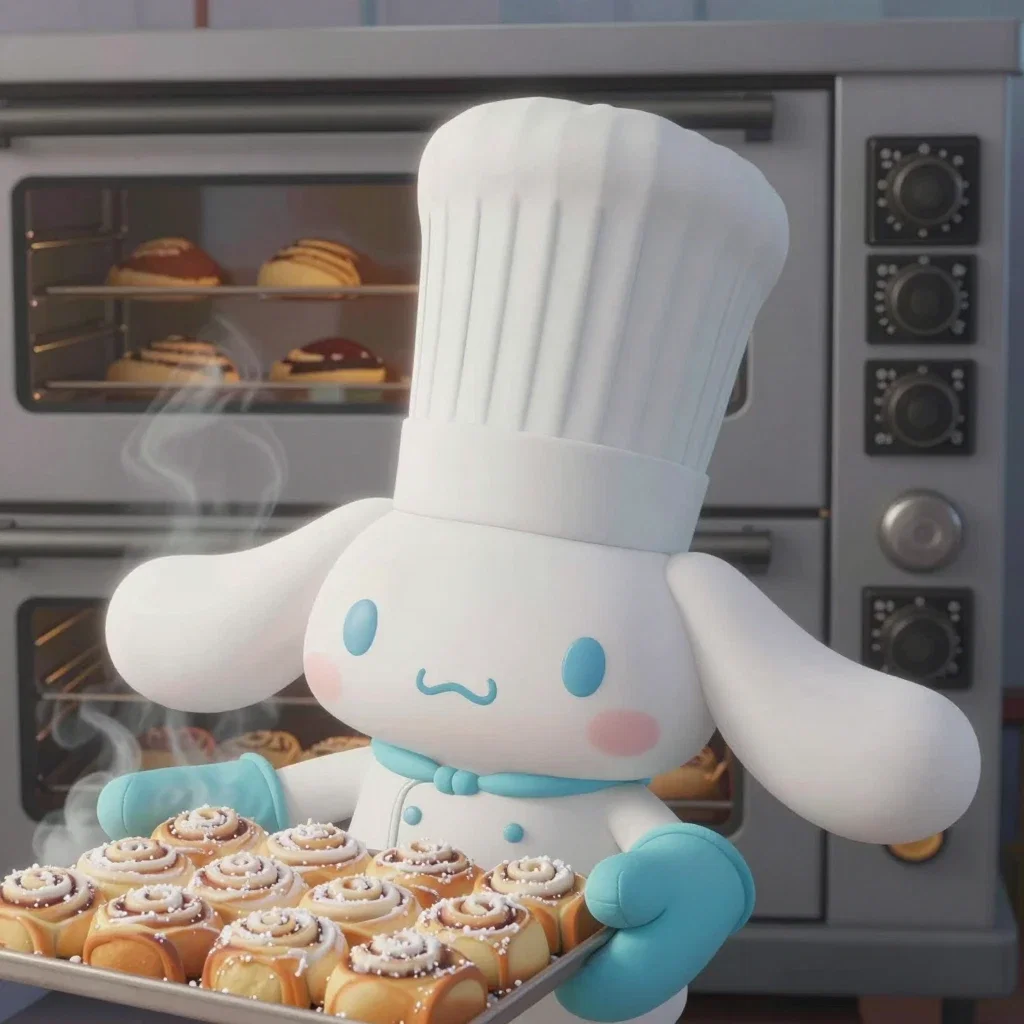 proud cinnamoroll baker holding fresh cinnamon rolls
