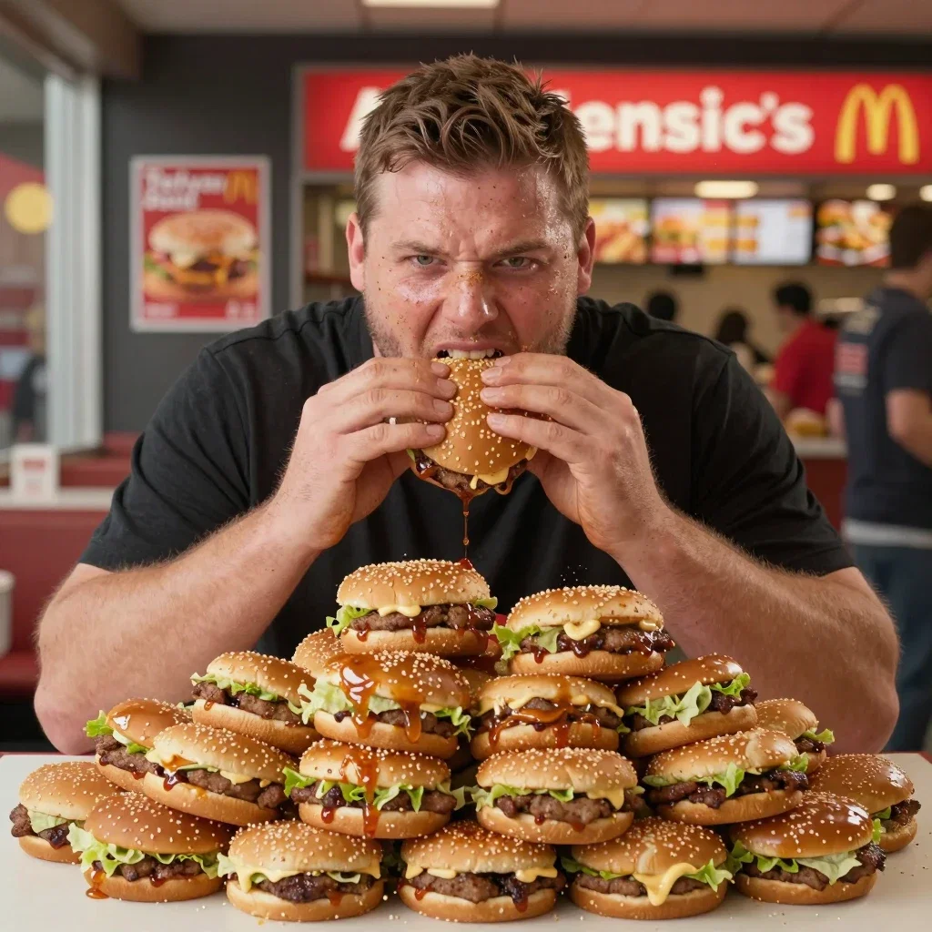 american competitive eater devouring teriyaki mcburger