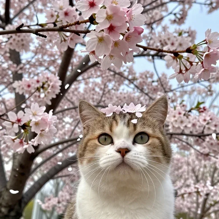 cherry blossoms scatter cat with petals