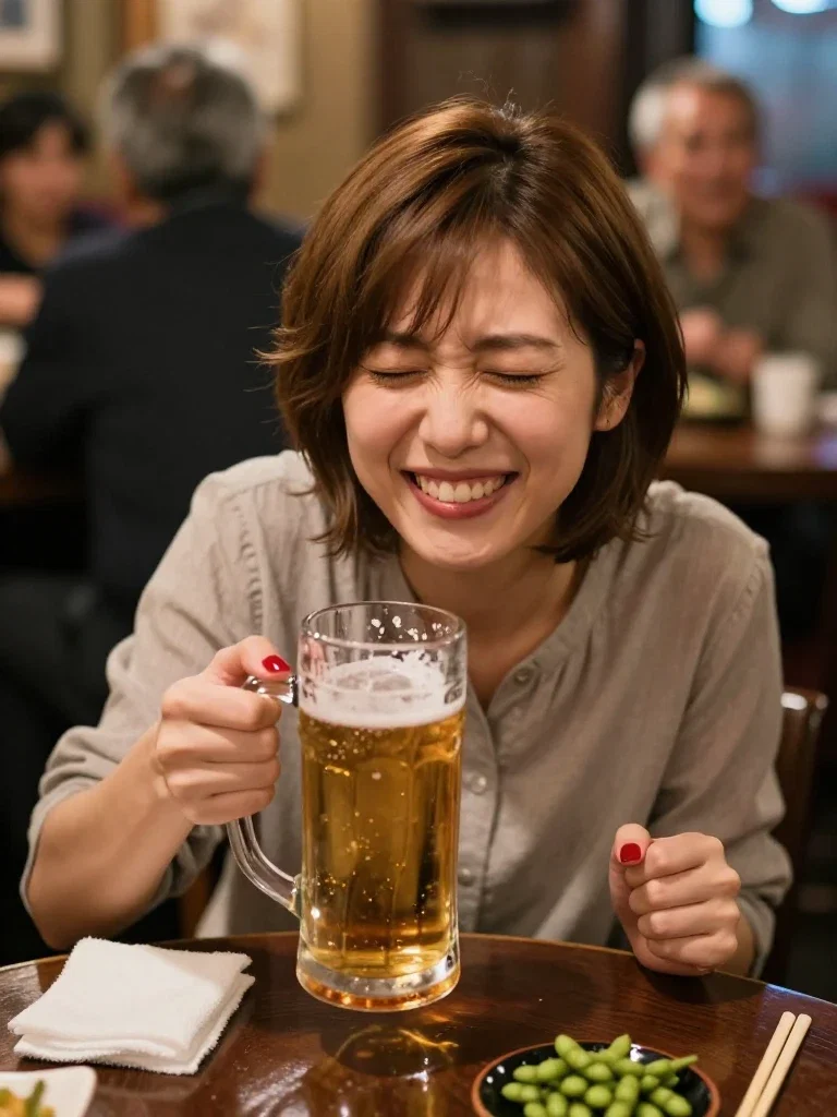 japanese woman happily smiles in bar