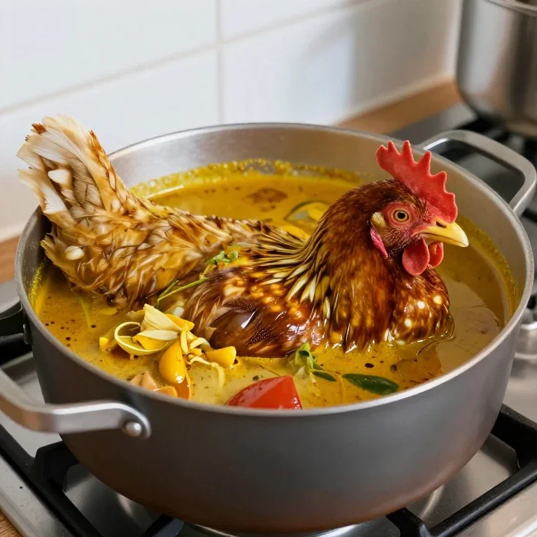 chicken soaking in curry pot