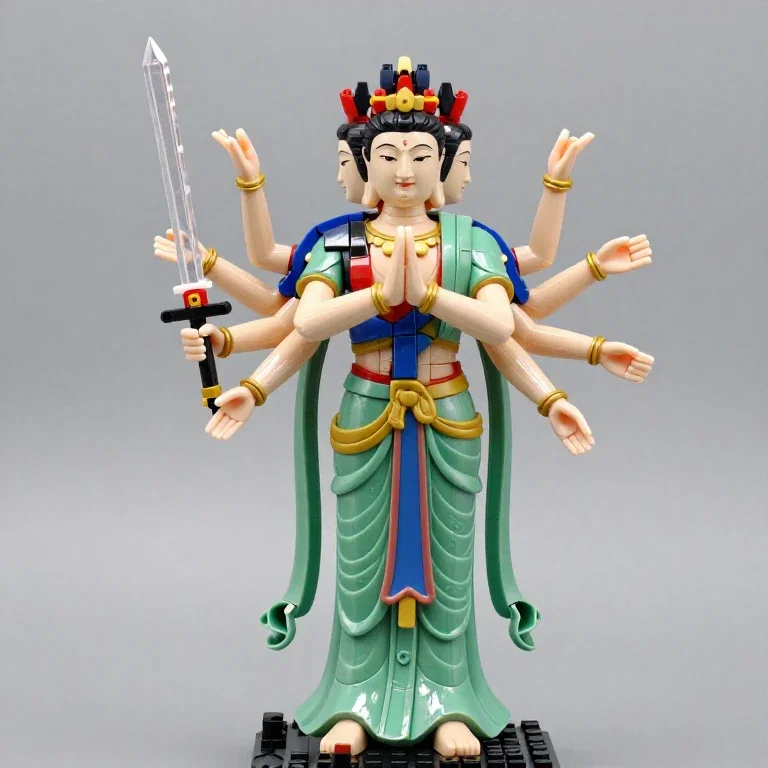 statue of multi armed deity and colorful robot model