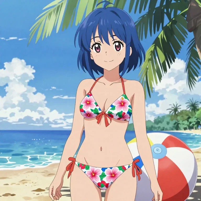 anime girl beach smile blue hair bikini