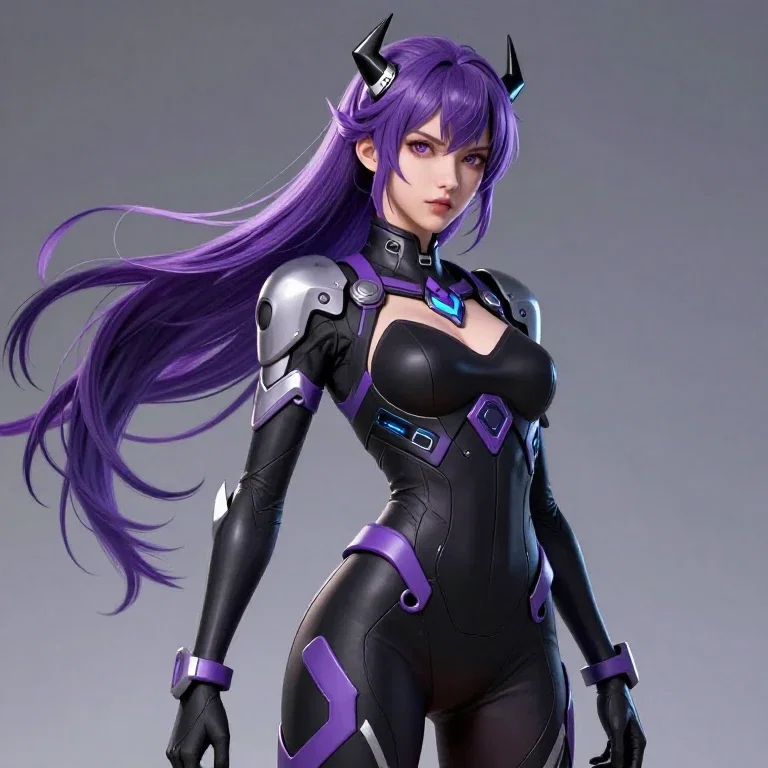 futuristic female character purple hair armor