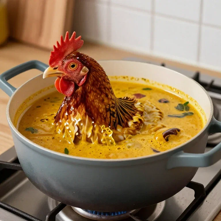 chicken soaking in curry pot