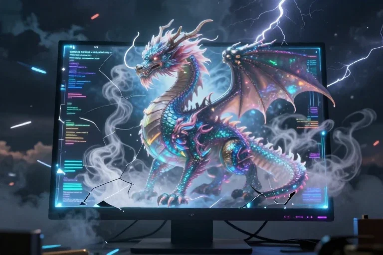 epic digital painting of colossal iridescent dragon